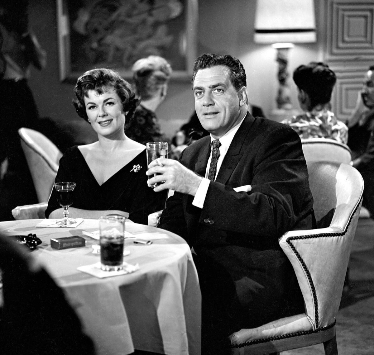 Barbara Hale and Raymond Burr in "Perry Mason."