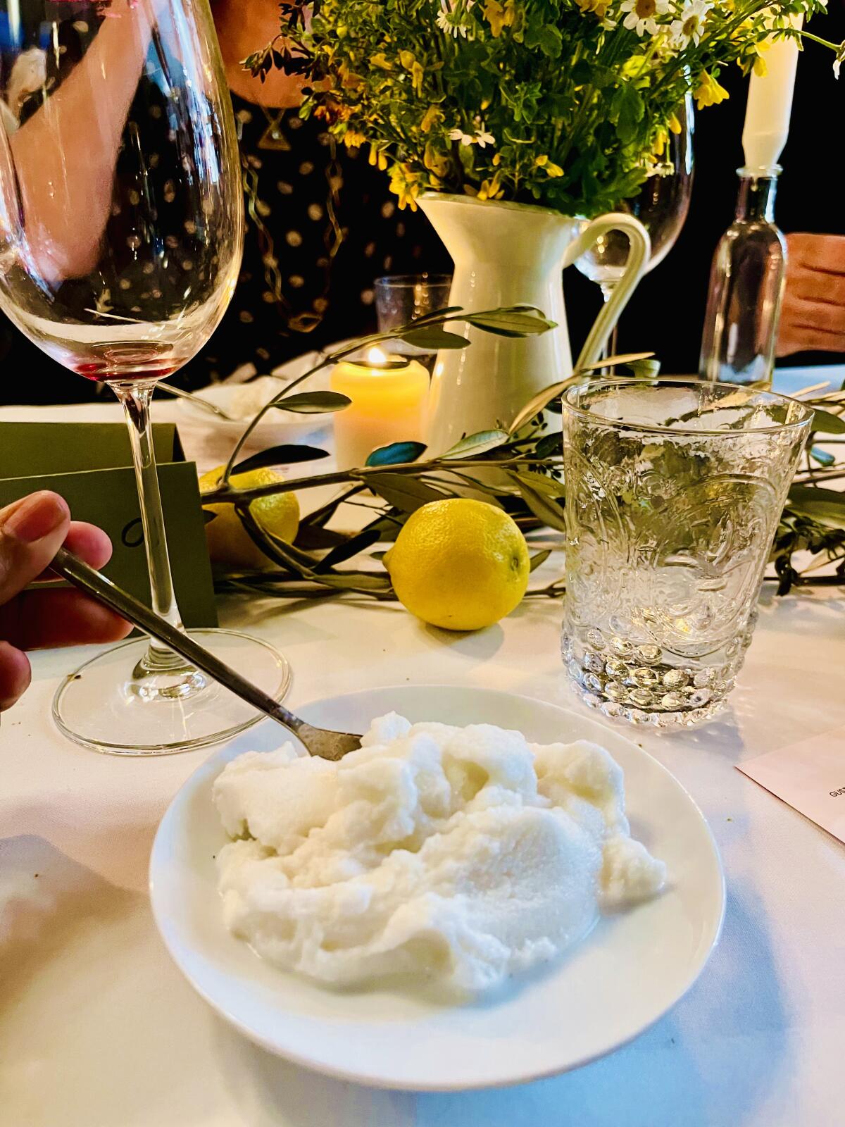 Almond granita from Sicily chef Corrado Assenza served at a Los Angeles dinner made with Noto Romano almonds.