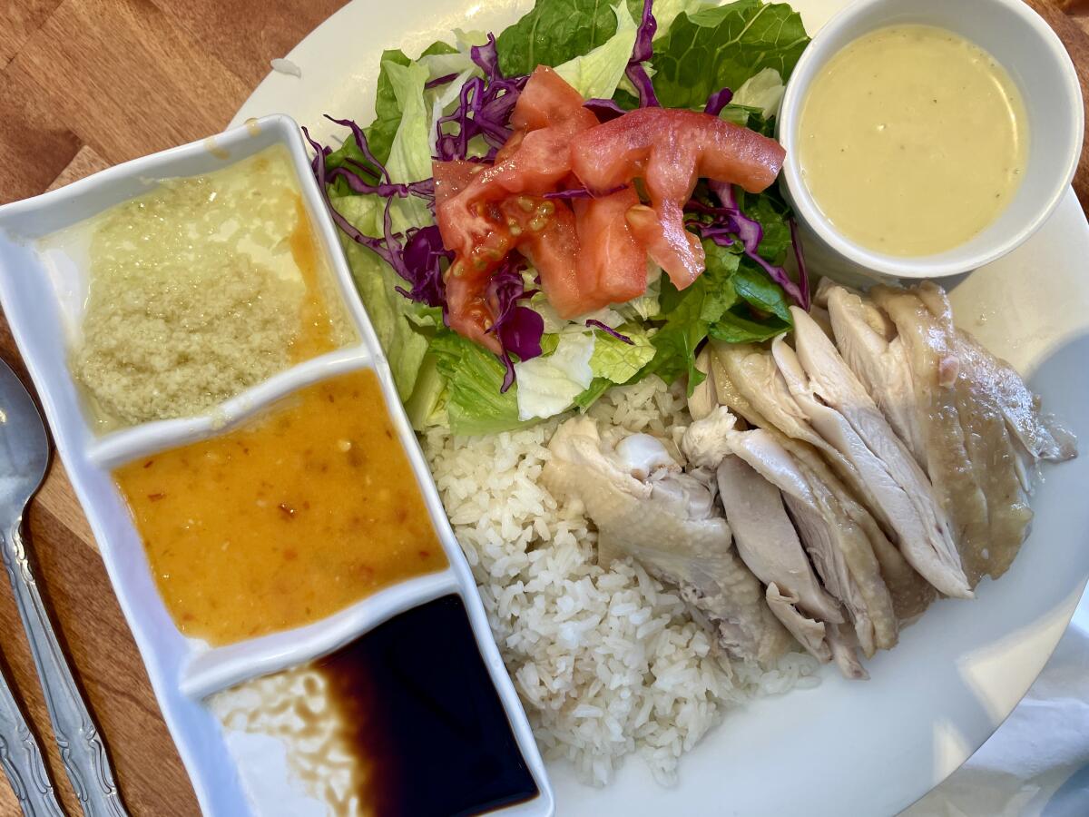 An order of Hainanese chicken rice from Savoy Kitchen in Alhambra. The restaurant has been serving the dish since 1982.