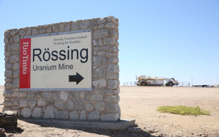 A logo showing an entrance to the Rio Tinto owned Rossing Uranium Mine in the Namib Desert near Arandis, Namibia, February 23, 2017. REUTERS/Siphiwe Sibeko