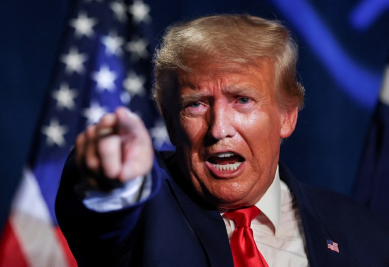 Former U.S. President and Republican candidate Donald Trump makes a keynote speech at a Republican fundraising dinner in Columbia, South Carolina, U.S. August 5, 2023. REUTERS/Sam Wolfe TPX IMAGES OF THE DAY