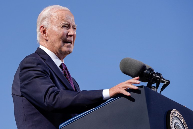 U.S. President Joe Biden delivers remarks at Gila Crossing Community School in Gila River Indian Community, Arizona, U.S., October 25, 2024. REUTERS/Elizabeth Frantz