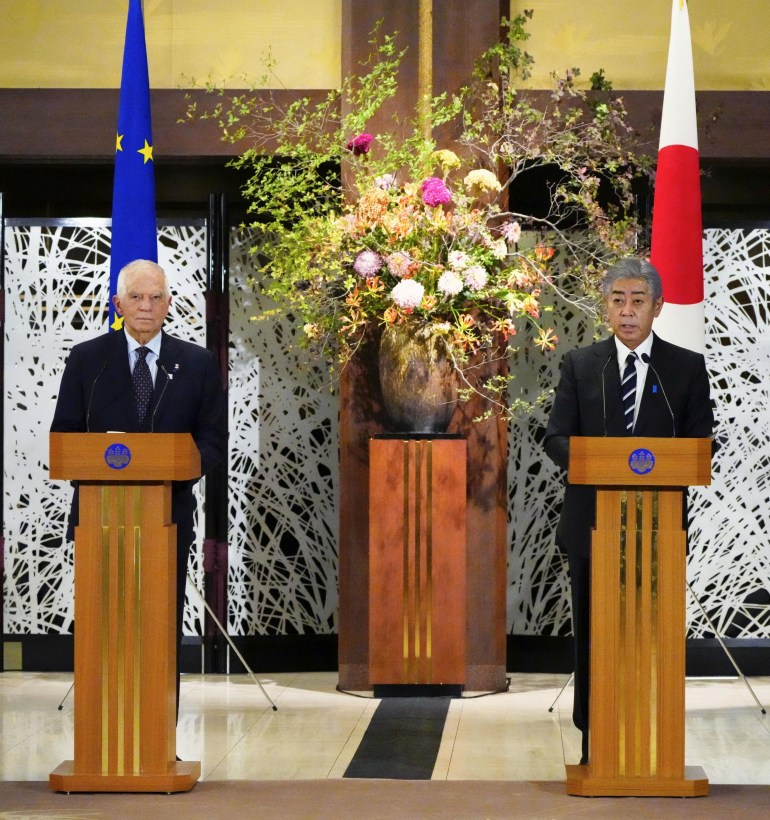 EU’s foreign policy chief Josep Borrell and Japan’s Foreign Minister Takeshi Iwaya speak to media in Tokyo, Japan November 1, 2024, in this photo taken by Kyodo. Mandatory credit Kyodo/via REUTERS ATTENTION EDITORS - THIS IMAGE HAS BEEN SUPPLIED BY A THIRD PARTY. MANDATORY CREDIT. JAPAN OUT. NO COMMERCIAL OR EDITORIAL SALES IN JAPAN.