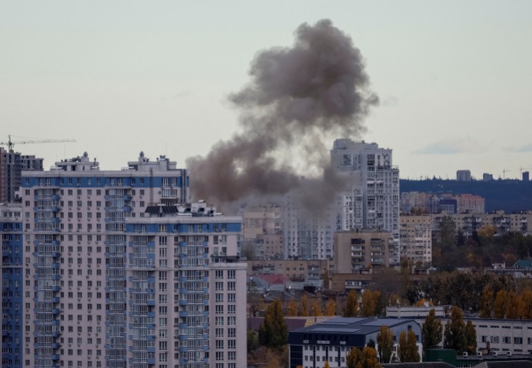 Smoke rises in the sky over the city after a Russian drone strike, amid Russia's attack on Ukraine, in Kyiv, Ukraine November 2, 2024. REUTERS/Gleb Garanich TPX IMAGES OF THE DAY