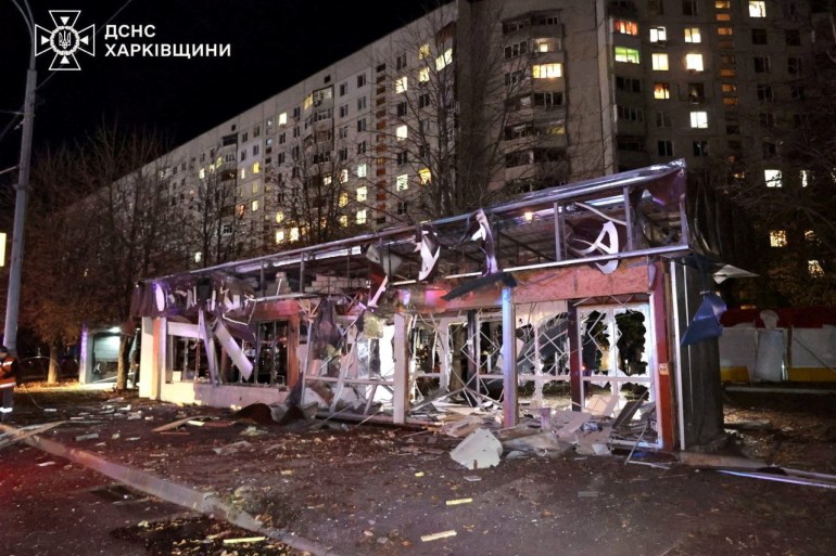 View of the damage after a Russian guided bomb hit a supermarket in Kharkiv's Shevchenkivskyi district on November 3 [State Emergency Service Of Ukraine/Handout via Reuters]