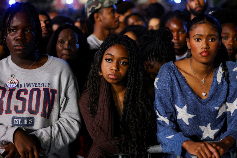 Attendees react to early election results at Democratic presidential nominee U.S. Vice President Kamala Harris' election night rally during the 2024 U.S. presidential election, at Howard University, in Washington, U.S., November 5, 2024 REUTERS/Kevin Mohatt TPX IMAGES OF THE DAY/File Photo