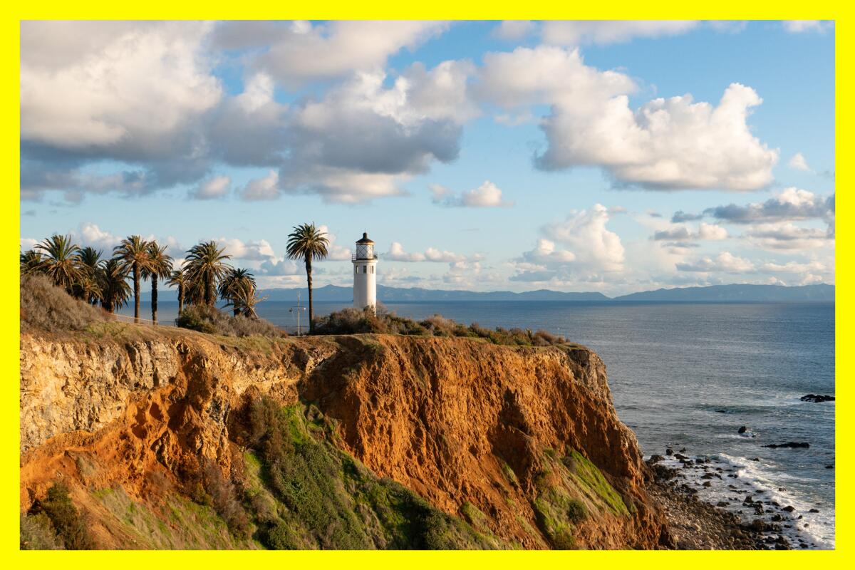 General views of Point Vicente Lighthouse against the backdrop of Santa Catalina Island