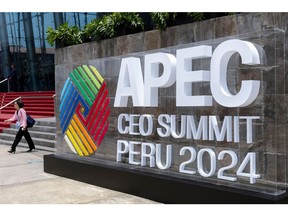 Signage at the Asia-Pacific Economic Cooperation (APEC) CEO Summit in Lima, Peru, on Thursday, Nov. 14, 2024. Leaders from the US, China, Brazil and elsewhere in Asia and the Americas gather in Lima for a week of high-level meetings and summitry, with trade and tariffs on the agenda as well as mineral rights, rule of law, and, of course, democracy. Photographer: Manuel Orbegozo/Bloomberg