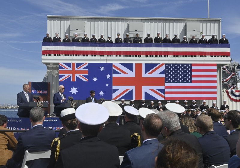 President Joe Biden (C), then-British Prime Minister Rishi Sunak (L) and Australian Prime Minister Anthony Albanese discuss developments in their AUKUS military alliance at Naval Base Point Loma in San Diego, Calif., on March 13. 2023. On Monday, the three countries announced that they have entered an agreement under AUKUS to collaborate on the development of hypersonic weapons. File Photo by Jim Ruymen/UPI