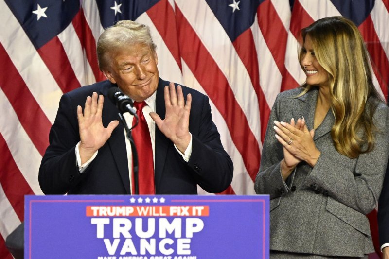 Former First Lady Melania Trump listens as former United States President Donald Trump delivers a speech from the Palm Beach Convention Center at the Trump Campaign Election Night Watch Party in West Palm Beach, Florida on Wednesday, November 6, 2024. Photo by Joe Marino/UPI