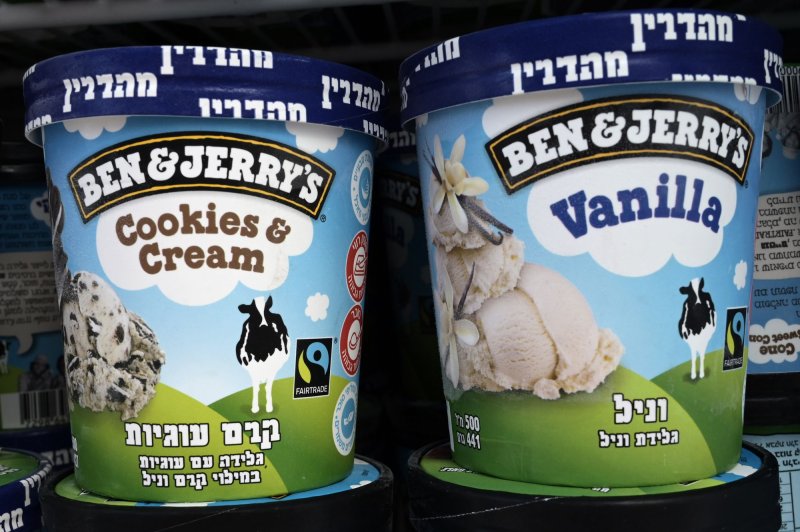 Ben & Jerry's ice cream in a freezer in Jerusalem in 2022. The Vermont-based ice cream company claims its parent company, Unilever, is censoring its views on the Israeli-Palestinian war. File Photo by Debbie Hill/UP