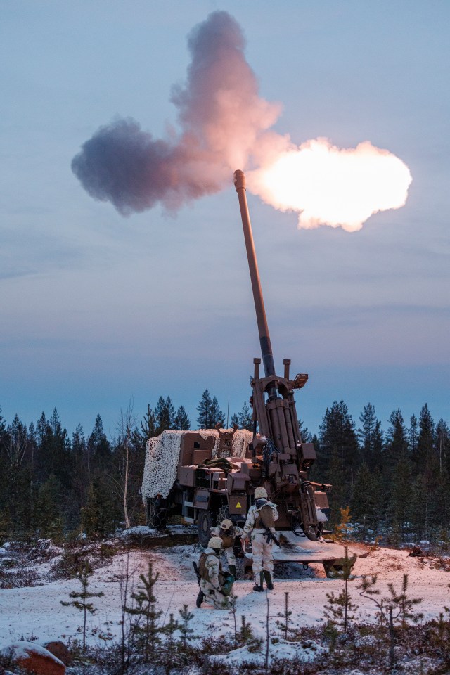 British and NATO allies took part in live fire exercises using the new Archer heavy artillery gun, Finnish K9 system and French Caesar howitzer, pictured, in -8c conditions