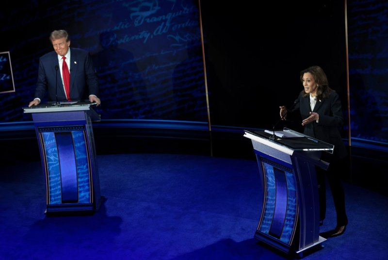 Former President Donald Trump, debates Vice President Kamala Harris at The National Constitution Center on September 10, 2024, in Philadelphia, Pennsylvania. They will both hold rallies in Milwaukee on Friday. File Photo by Win McNamee/UPI