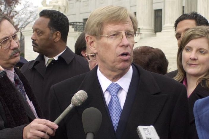 Attorney Ted Olson speaks to the media following oral arguments on the Florida vote recount case in the Bush v. Gore case at the U.S. Supreme Court in Washington, DC on December 11, 2000. Olson died Wednesday at the age of 84. File Photo by Bill Clark/UPI