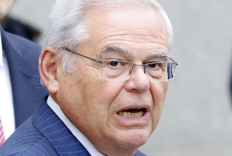 U.S. Sen. Bob Menendez (D-N.J.) speaks to the press when he exits Manhattan federal after being found guilty on all charges in his federal corruption trial on Tuesday, July 16, 2024, in New York City. His lawyers on Wednesday asked the judge to throw out his conviction and order a new trial. File Photo by John Angelillo/UPI