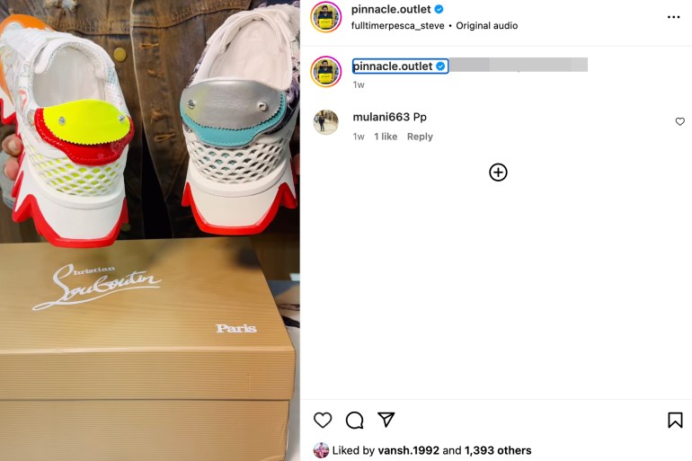 Screenshot of an Instagram handle peddling fake designer shoes