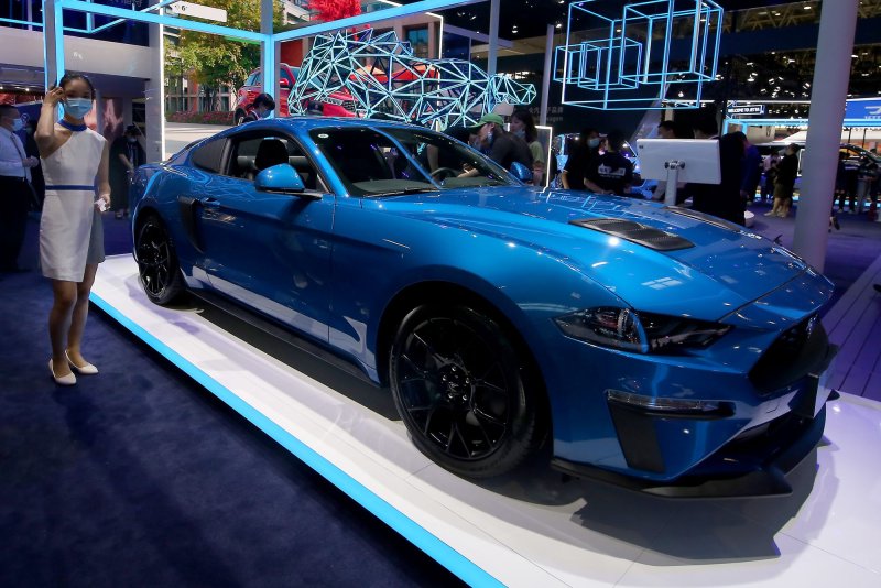 Ford's Mustang is displayed at the international Auto China show in Beijing on Sept. 29, 2020, and is among some 600,000 2020 models recalled due to potentially defective rear-view cameras. File Photo by Stephen Shaver/UPI