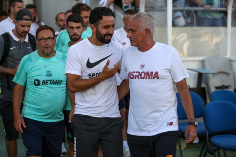 FARO, PORTUGAL - JULY 19: Ruben Amorim of Sporting CP (L) talks with Jose Mourinho of AS Roma (R) during the Sporting CP v AS Roma - Pre-Season Friendly match at Estadio Algarve on July 19, 2022 in Faro, Portugal. (Photo by Carlos Rodrigues/Getty Images)