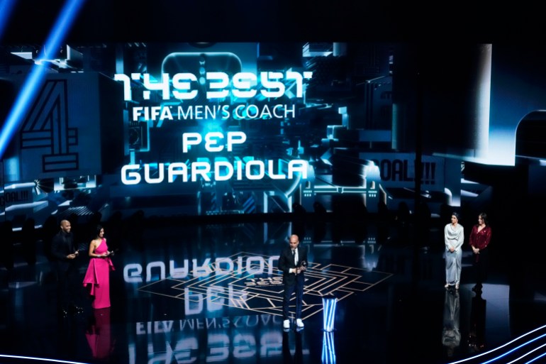 LONDON, ENGLAND - JANUARY 15: FIFA Men's Coach of the Year, Pep Guardiola of Manchester City FC and Spain, speaks with his trophy during The Best FIFA Football Awards 2023 at The Apollo Theatre on January 15, 2024 in London, England. (Photo by Jose Breton/Pics Action/NurPhoto via Getty Images)