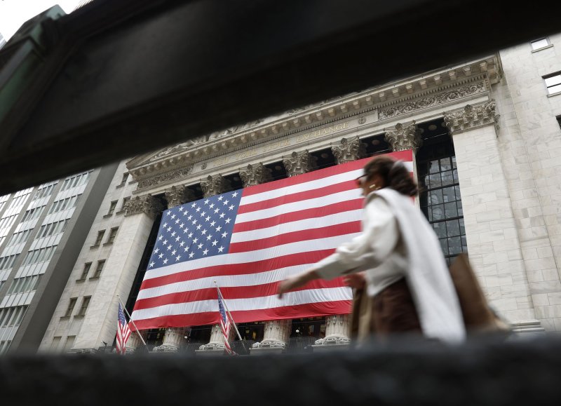 A large American Flag hangs at the entrance to the New York Stock Exchange on Wall Street on Election Day, Tuesday, Nov. 5, 2024 in New York City. On Wednesday, authorities arrested a homeless man plotting to blow up the financial institution this week. Photo by John Angelillo/UPI