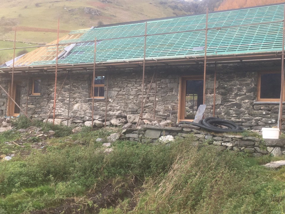 Simon Baker’s derelict Eryri cow shed while being renovated in the Machno Valley in North Wales