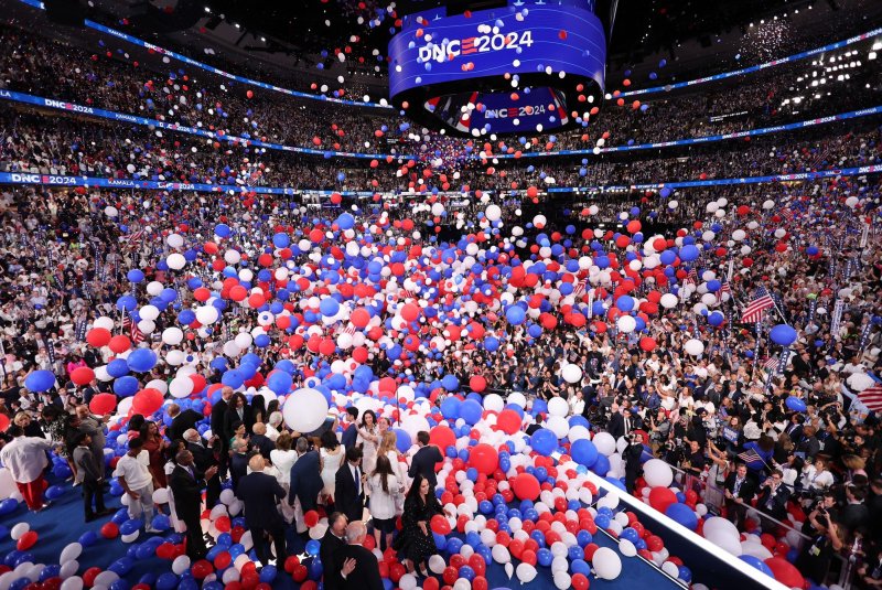 Balloons are released after Democratic presidential nominee Kamala Harris appeared onstage at the Democratic National Convention in Chicago on August 22, 2024. Ken Martin announced on Tuesday he is running to lead the party. File Photo by Mike Segar/UPI