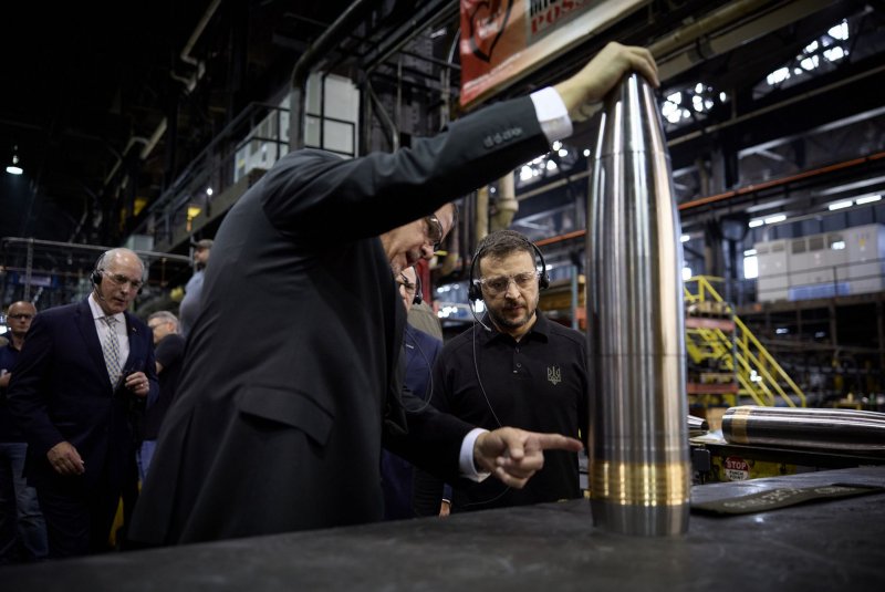 Ukrainian President Volodymyr Zelensky receives a tour of the Scranton, Pa., Army ammunition plant on Sept. 22. TNT for ammunitions is on track to be produced in Kentucky after the U.S. Army awarded $435 million to Repkon USA to build a TNT plant there. File Photo via Ukrainian Presidential Press Office/UPI