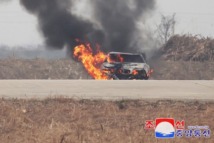 A photo released by North Korean state media Friday shows a vehicle burning during a performance test of suicide attack drones overseen by North Korean leader Kim Jong Un. Photo by KCNA/EPA-EFE