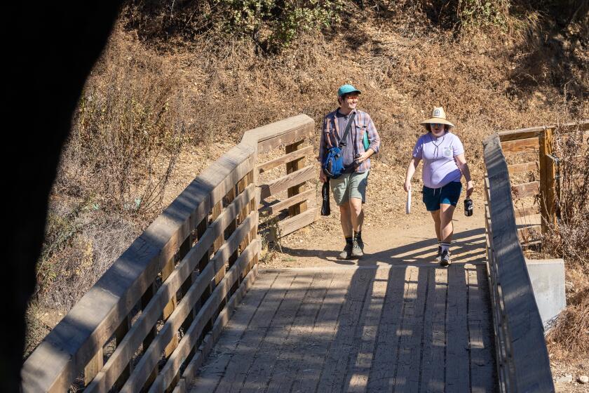 Pasadena, CA - October 08: Comedian Allan McLeod, left, walks and talks with actress Betsy Sodaro, right, as they cross a bridge at Hahamongna Watershed Park for his podcast, "Walkin' About" on Tuesday, Oct. 8, 2024 in Pasadena, CA. (Brian van der Brug / Los Angeles Times)