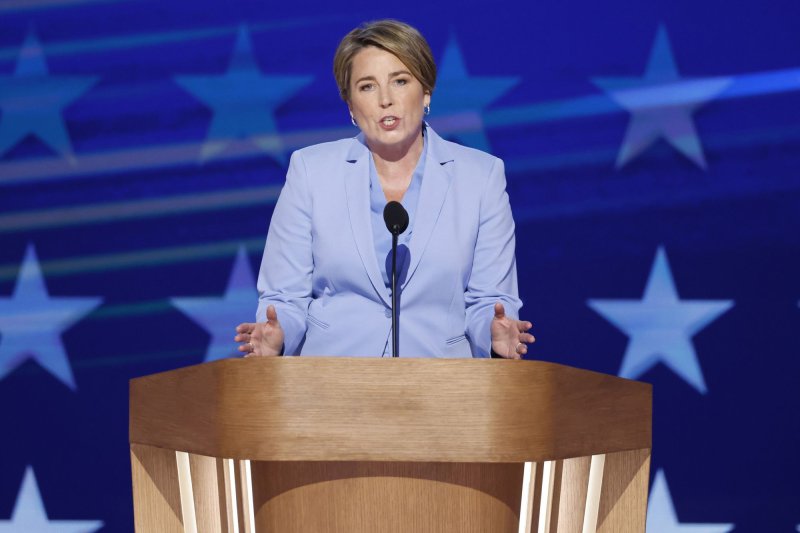 Massachusetts Gov. Maura Healey speaks at the 2024 Democratic National Convention at the United Center in Chicago on Aug. 22 and said she won't authorize Massachusetts State Police to help round up and deport migrants. File Photo by Tannen Maury/UPI