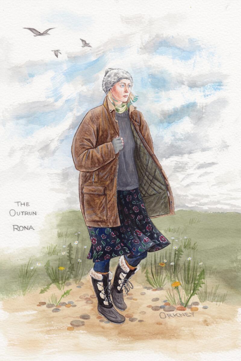 A sketch shows Soairse Ronan wearing a mock fur hat, large barn jacket and wellies for "The Outrun."