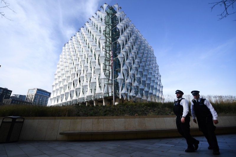 A suspicious package found outside the U.S. Embassy in London Friday was destroyed in a controlled explosion as London police closed Ponton Road near the embassy. No damage or injuries were caused by what police described as a "hoax device." File Photo by Andy Rain/EPA-EFE