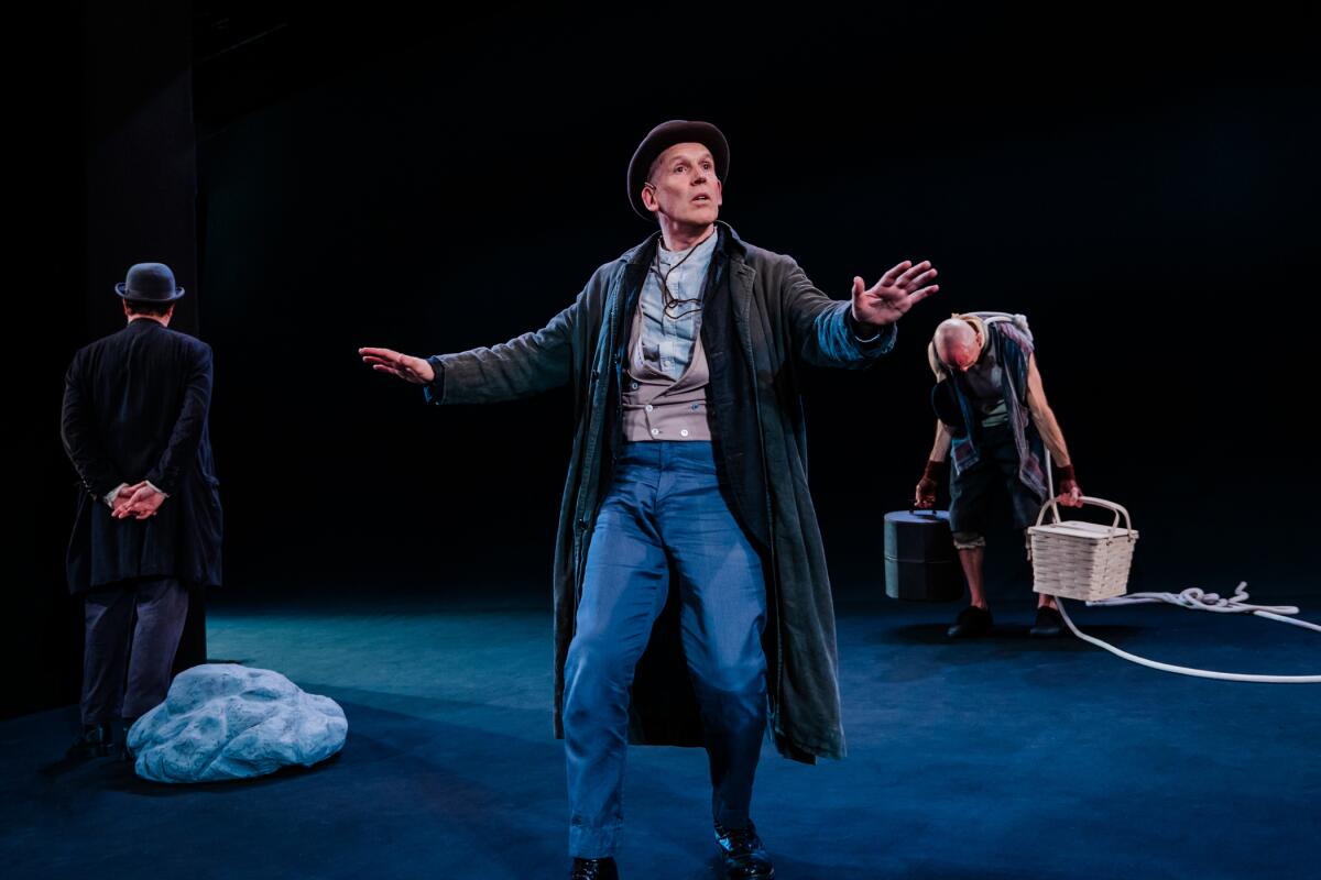 Rainn Wilson, from left, Conor Lovett and Adam Stein in "Waiting for Godot" at Geffen Playhouse.