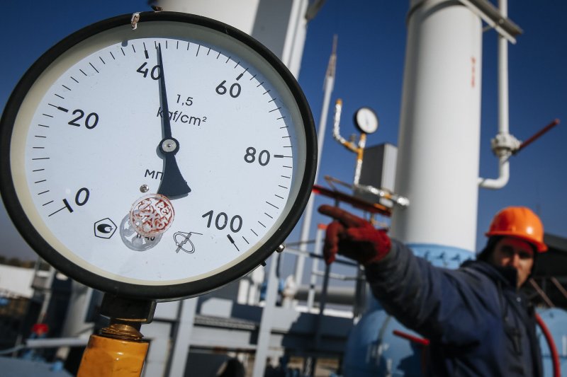 A gas pressure-gauge shows how much natural gas a station contains from Russia's state-owned Gazprom, which is ending natural gas deliveries to Austria after Saturday. File photo by Roman Pilipey/EPA-EFE