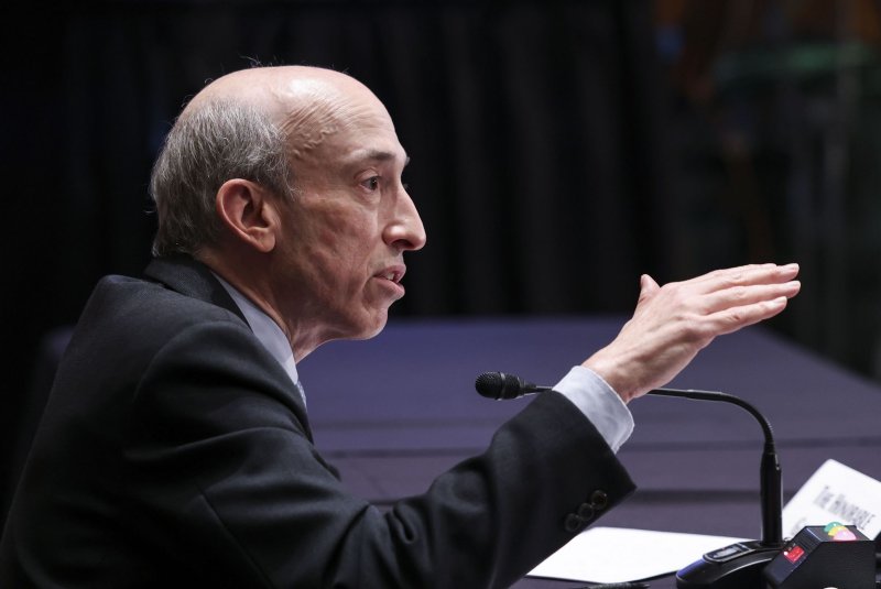 Securities and Exchange Commission chair Gary Gensler testifies before a Senate Banking, Housing and Urban Affairs Committee oversight hearing on September 14, 2021. He said he will leave office when President-elect Donald Trump becomes president. File Photo by Evelyn Hockstein/UPI