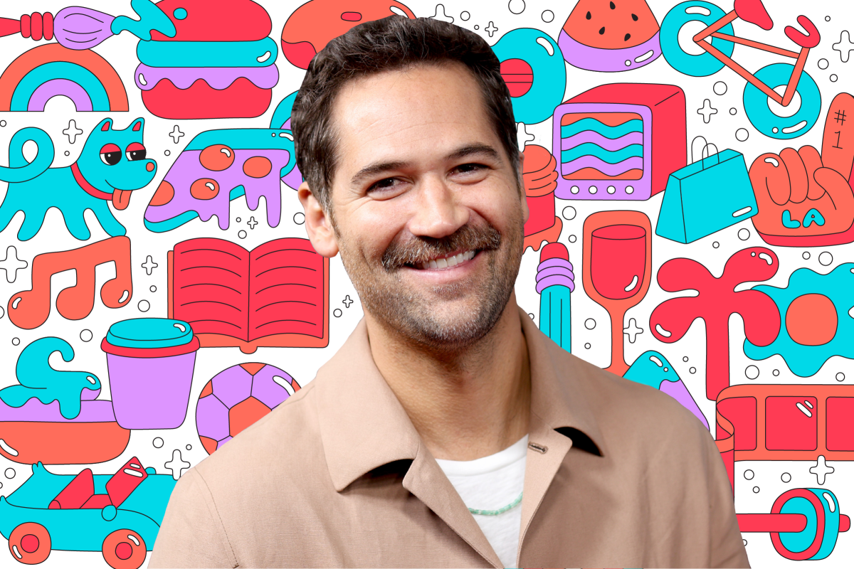 Photo of a brunette man on a background of colorful illustrations like a book, dog, pizza, TV, shopping bag, and more.