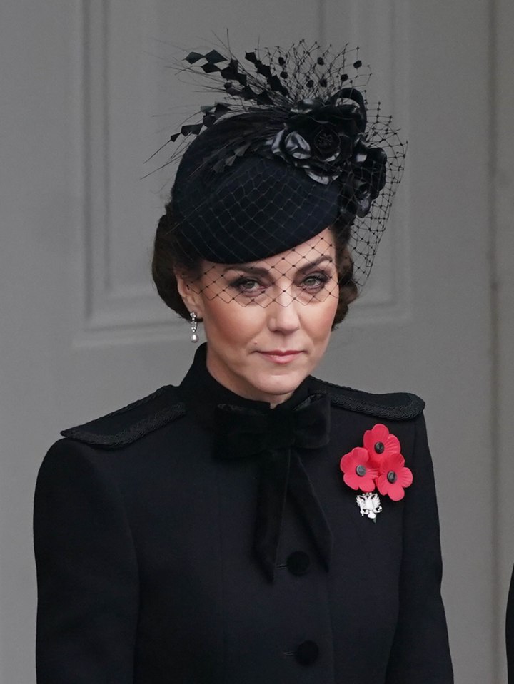 The Princess of Wales, pictured, wore three poppies as she attended the annual Remembrance Sunday memorial service in London