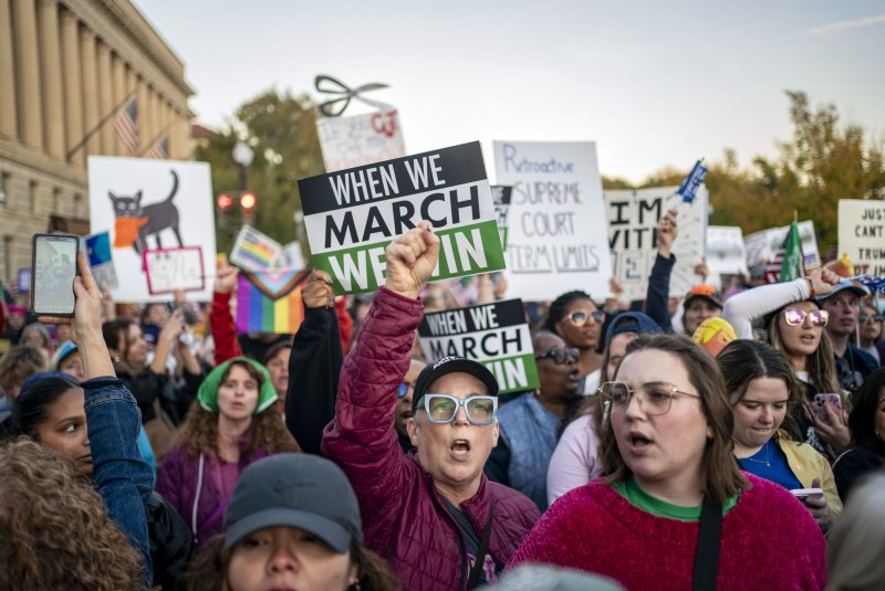 Attendees of the 2024 Women's March chant as they march down Constitution Avenue toward the Washington Monument in Washington, D.C., on Saturday. Participants marched from Freedom Plaza to The Ellipse, where Democratic presidential nominee Kamala Harris gave her final major address on Tuesday. Photo by Bonnie Cash/UPI