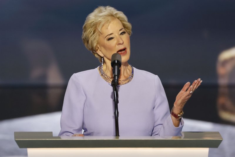 Linda McMahon, former administrator of the Small Business Administration, speaks at the 2024 Republican National Convention at Fiserv Forum in Milwaukee, Wisconsin on July 18, 2024. McMahon was nominated Tuesday by President-elect Donald Trump to become the next Secretary of Education. File Photo by Tannen Maury/UPI