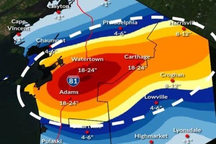 A lake-effect blizzard is expected to bring up to 6 feet of snow to the Watertown, N.Y., area of east of Lake Ontario over the next several days, forecasters said Friday. This image depicts expected snowfalls just through Saturday morning. Image courtesy National Weather Service