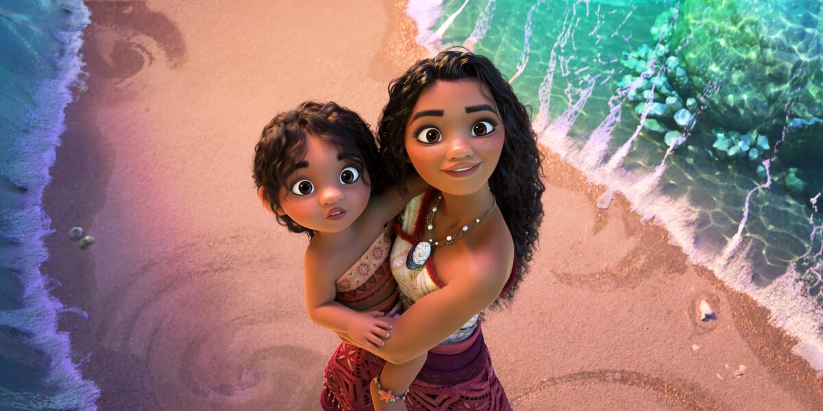 A girl holds her little sister on a beach, in an animated film.