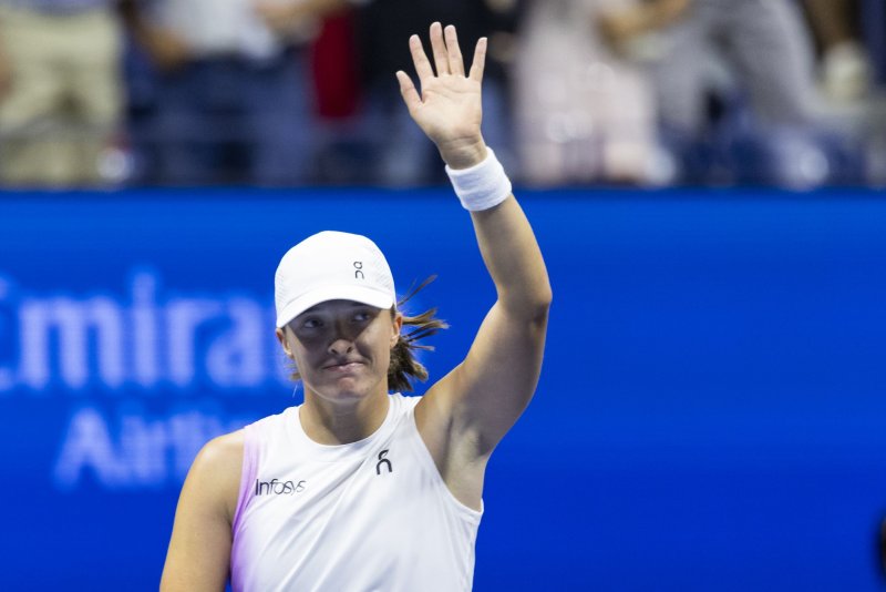 Iga Swiatek celebrates her win over Liudmila Samsonova of Russia during the 2024 U.S. Open Tennis Championships in New York City on Sept. 2 and is finishing a month-long suspension for unintentionally taking a banned substance. File Photo by Corey Sipkin/UPI