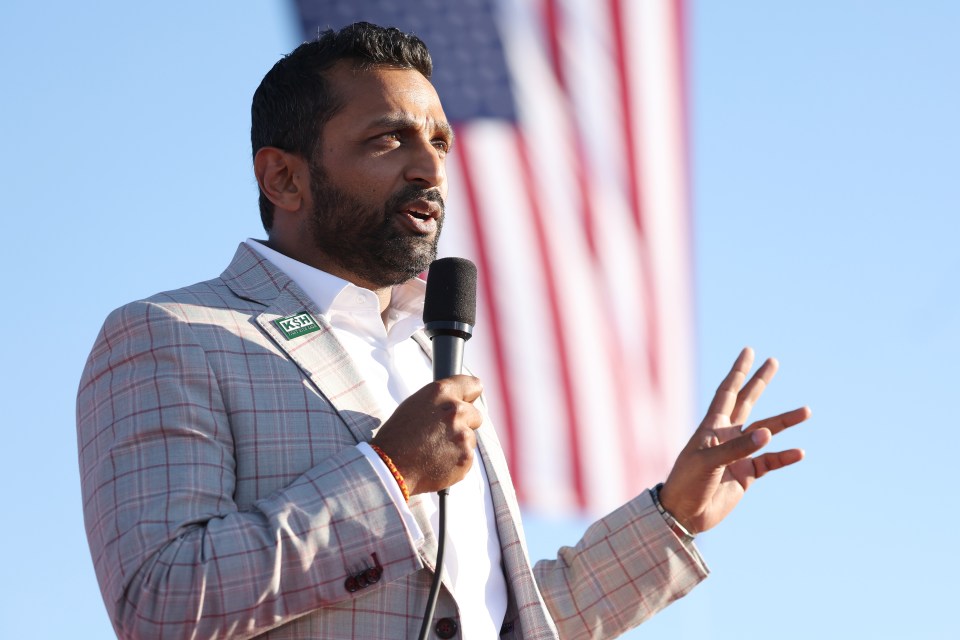 Kash Patel speaks during a campaign rally at Minden-Tahoe Airport