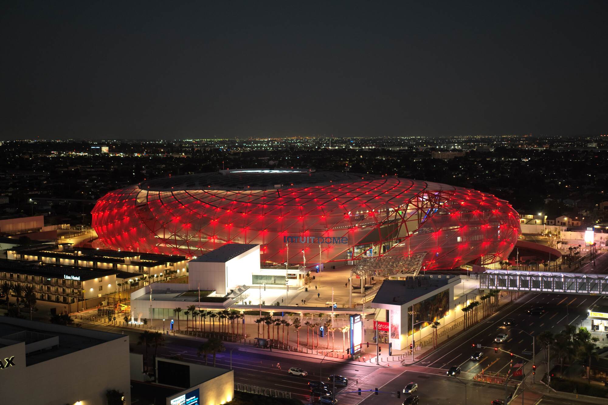 A drone image of the Intuit Dome.