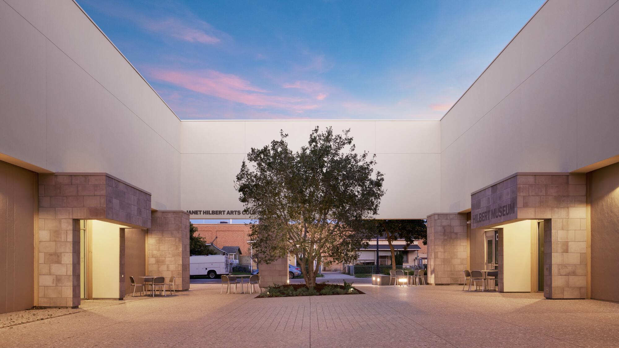 The courtyard of the Hilbert Museum of California Art, framing the evening sky as its own work of art.