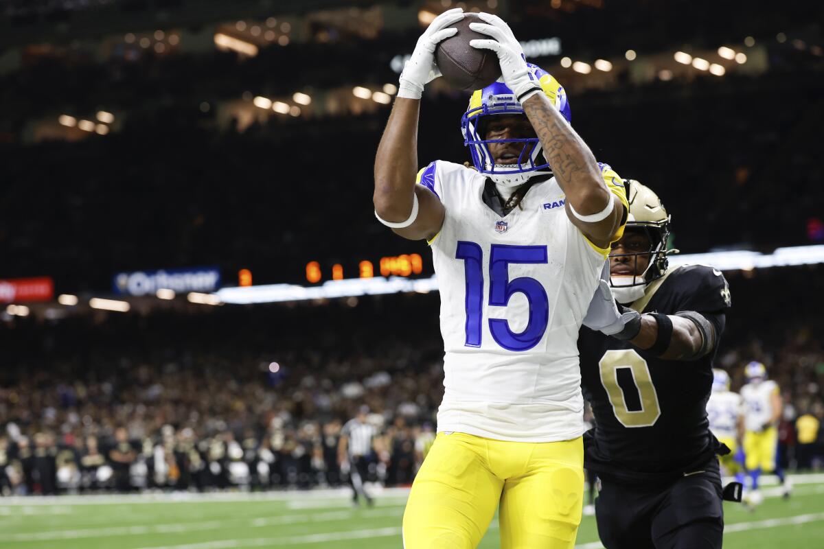 Rams wide receiver Demarcus Robinson (15) makes a touchdown catch against the Saints.