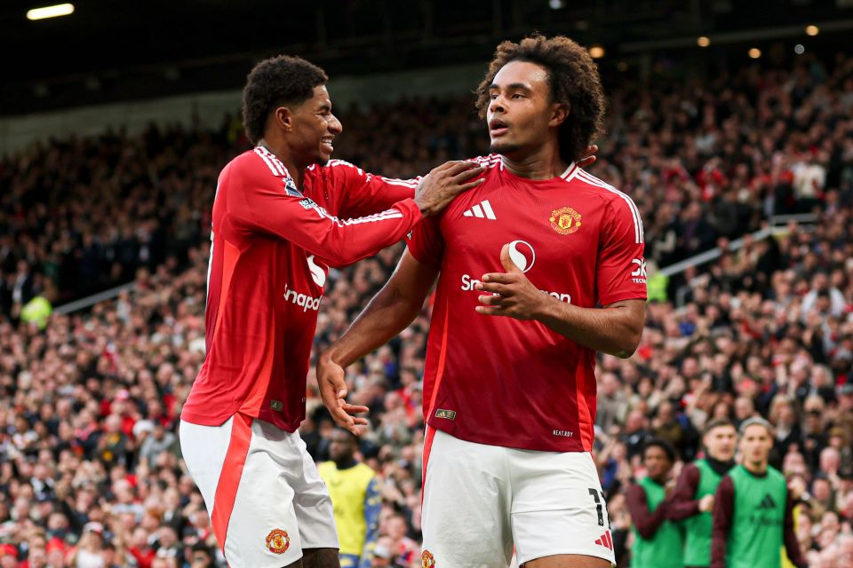 Joshua Zirkzee celebrates after scoring in Man Utd's 4-0 thumping of Everton on Saturday