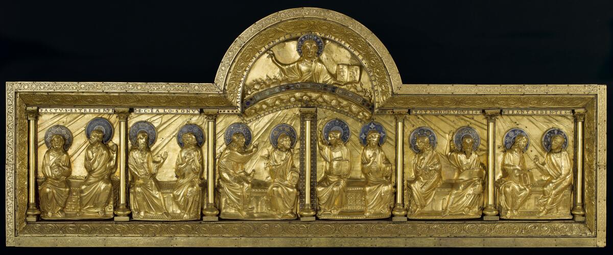 "Stavelot Retablo," circa 1160-70; gilded copper, champlevé enamel and mixed media