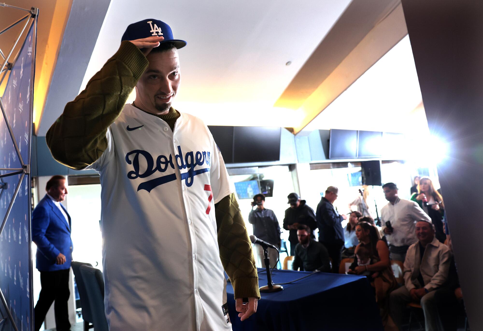 Dodgers pitcher Blake Snell attends his introductory news conference at Dodger Stadium on Tuesday.