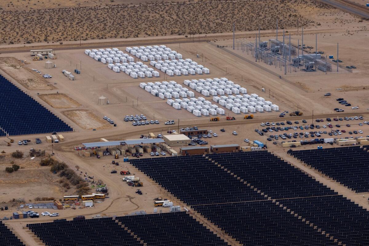 Battery banks at the Eland solar and storage project, seen from the air.